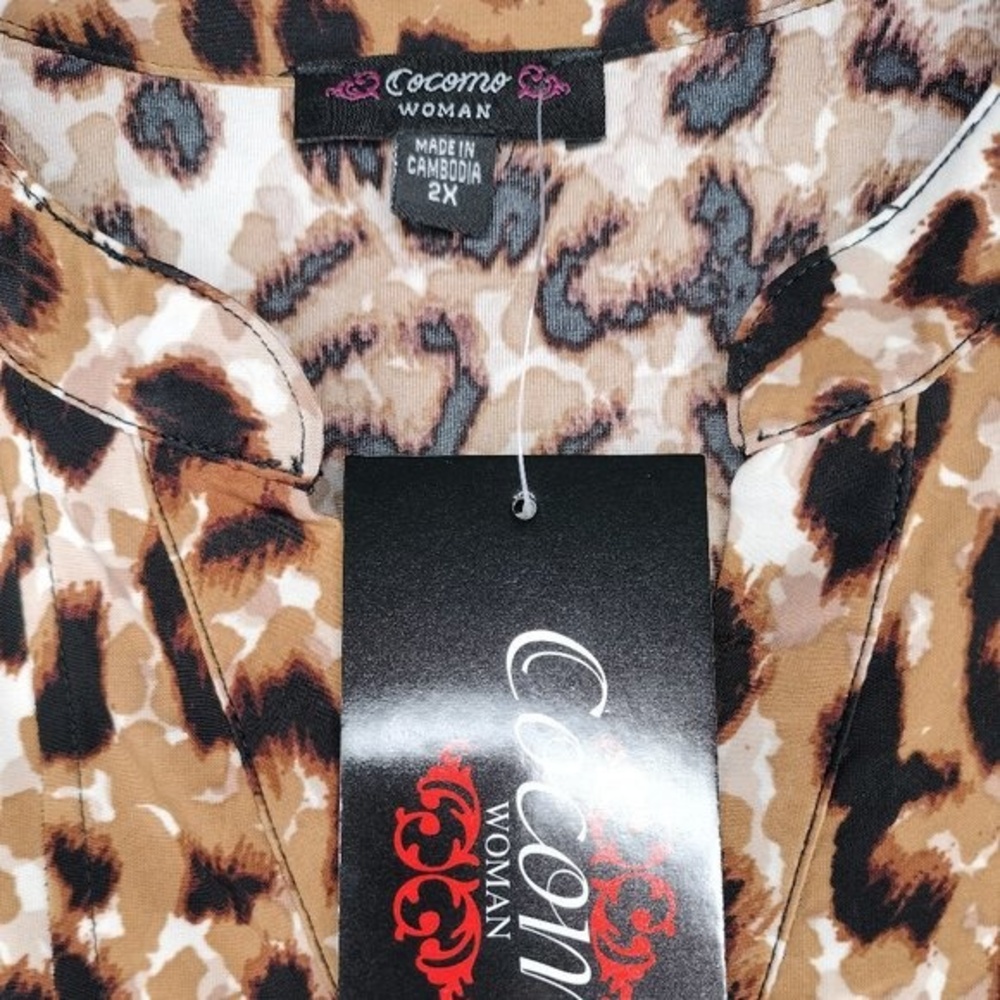 Cocomo Plus Size 2X Black Tan Animal Print Pintuck Short Flutter Sleeve Top - Picture 7 of 7